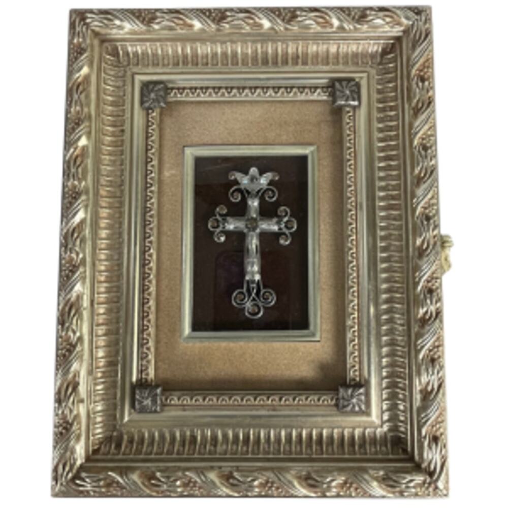 Ornate Gold Tone Cross Bible Keepsake Jewelry Trinket Box Velvet Lined